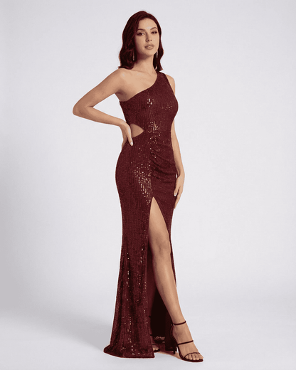 Ember Maxi Dress by Slimona features a one-shoulder design, sequins, and thigh-high slit for a stunning party look.