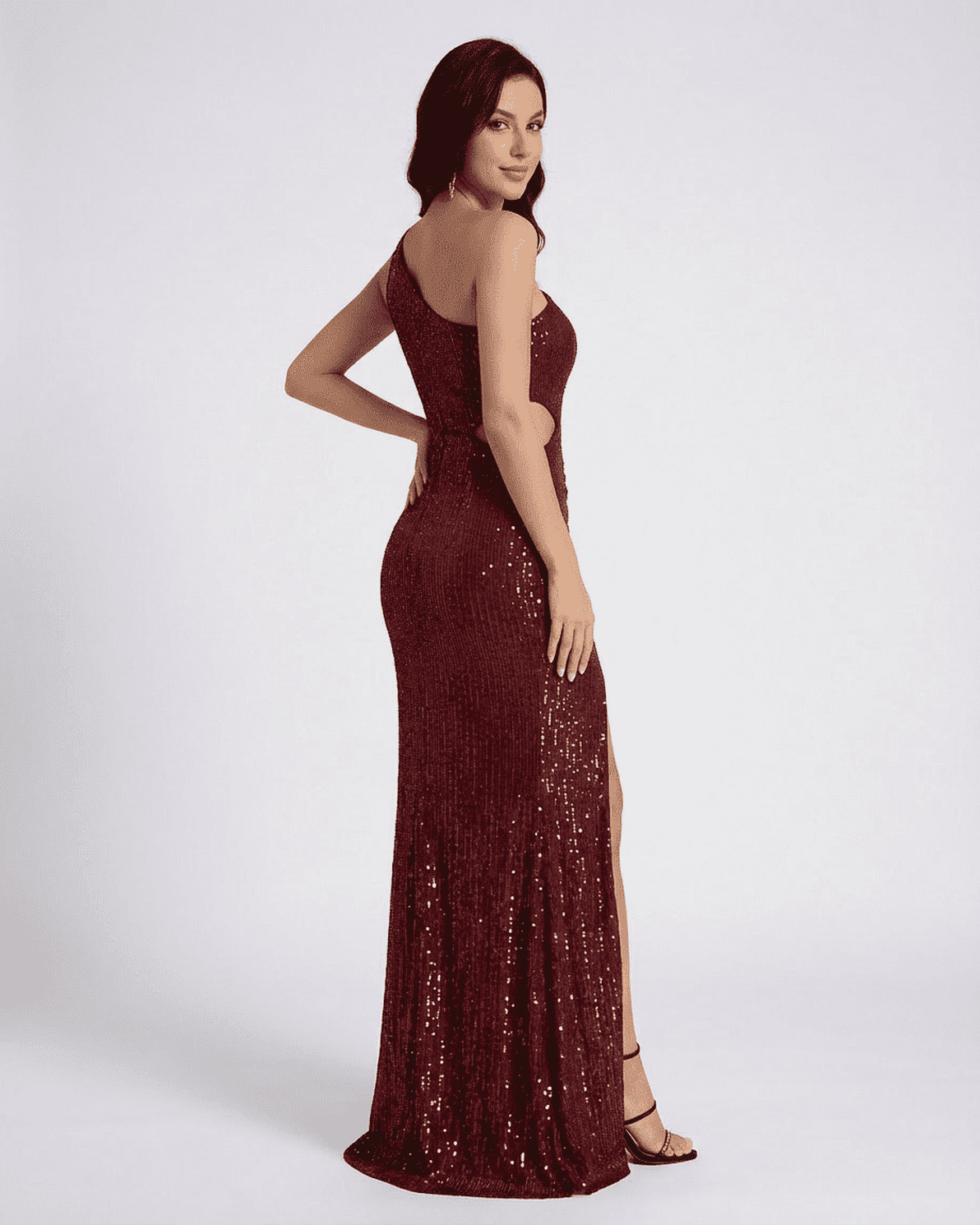 Ember Maxi Dress by Slimona, one shoulder sequin split party dress featuring a thigh-high slit and modern silhouette.
