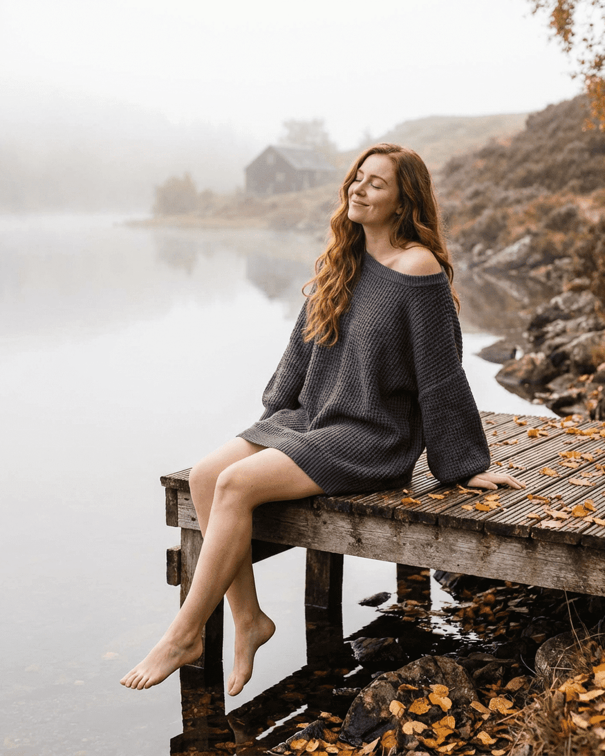 Slimona Ember Mini Dress model sitting by a lake, showcasing the cozy charcoal ribbed knit fabric and off-the-shoulder design.