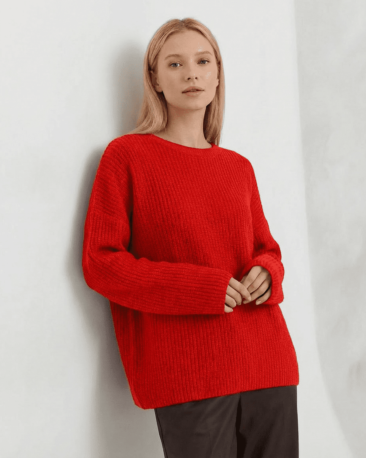 Ember Sweater by Slimona, a bold thick knit sweater in vibrant red, perfect for fall and winter fashion.