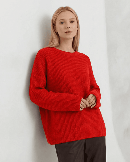 Ember Sweater by Slimona, a bold thick knit sweater in vibrant red, perfect for fall and winter fashion.