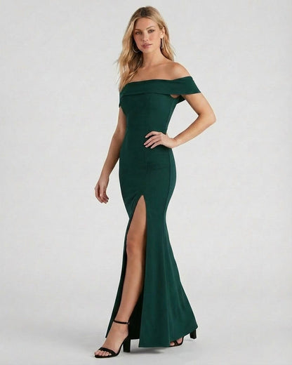 Emerald Maxi Dress by Slimona, elegant off-the-shoulder crepe knit design with a high slit.