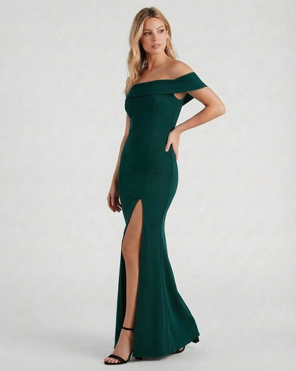 Emerald Maxi Dress by Slimona, an elegant off-the-shoulder gown with a high slit for sophisticated occasions.