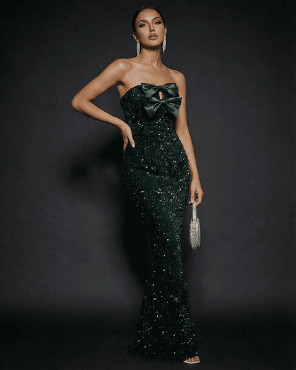 Emerald Maxi Dress by Slimona, strapless design with bow and sequins, perfect for glamorous parties.