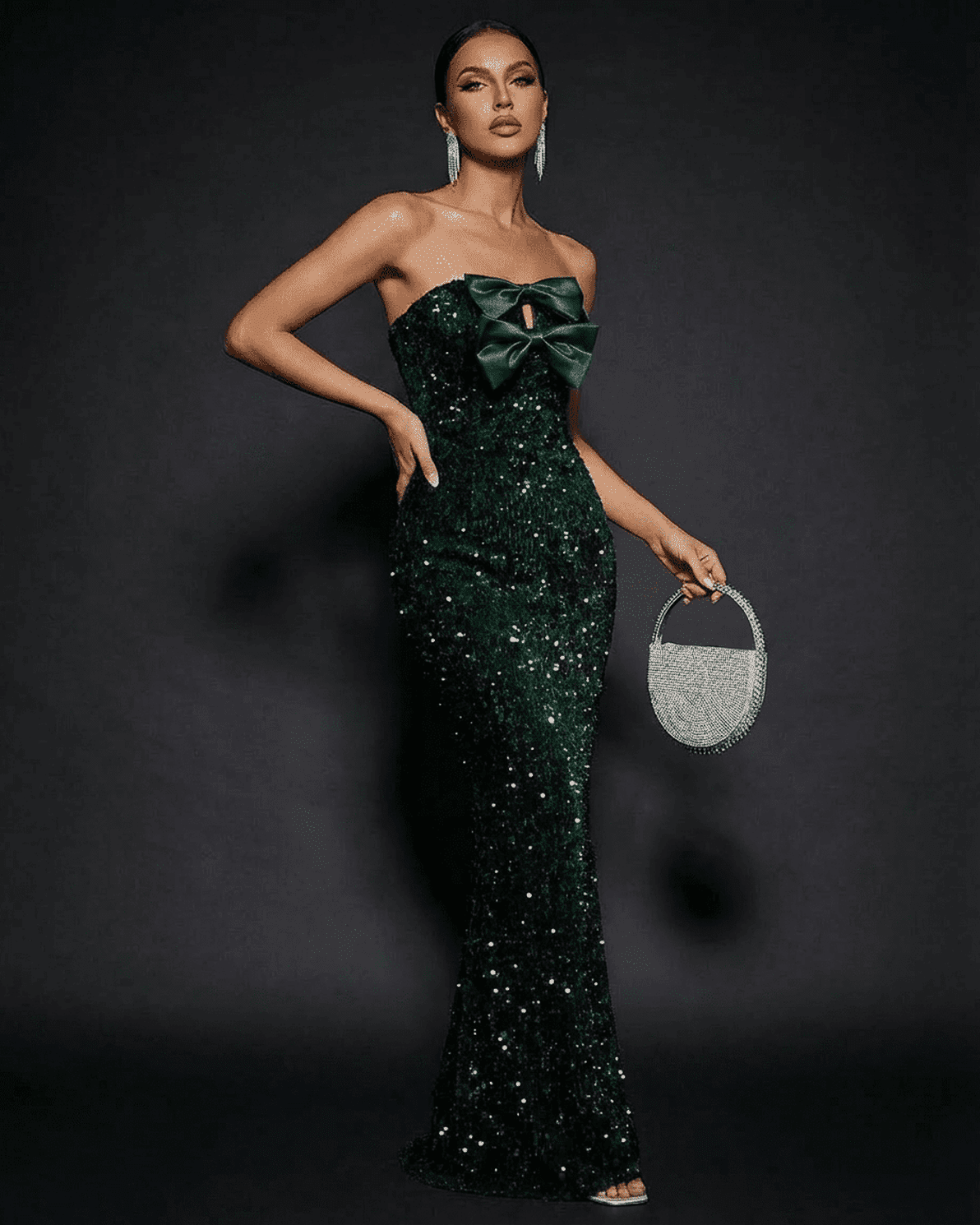 Emerald Maxi Dress by Slimona featuring a strapless design with a satin bow and sequins, perfect for glamorous parties.