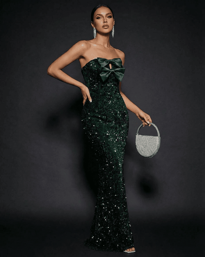 Emerald Maxi Dress by Slimona featuring a strapless design with a satin bow and sequins, perfect for glamorous parties.