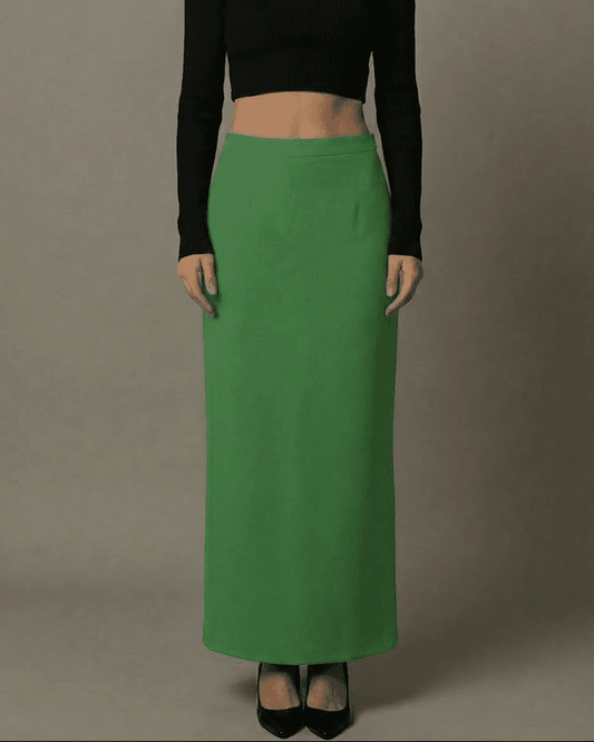 Emerald Maxi Skirt by Slimona, high-waisted style with a smooth green fabric and elegant slit for modern sophistication.