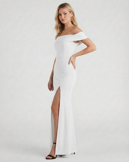 Étoile Maxi Dress by Slimona - Elegant off shoulder white maxi dress with side slit and modern silhouette.