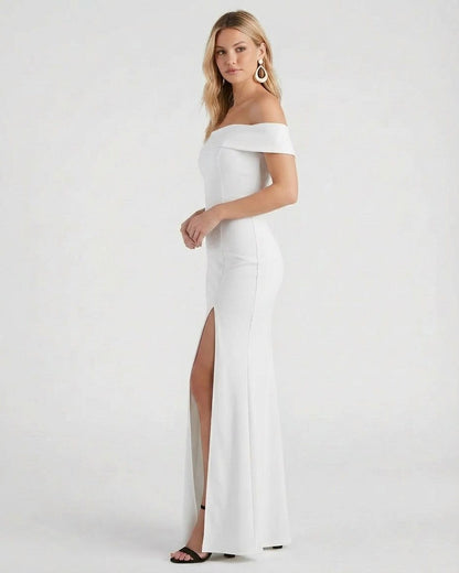 Étoile Maxi Dress by Slimona - Off shoulder white crepe maxi dress with elegant side slit.