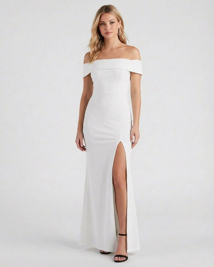 Étoile Maxi Dress by Slimona - Elegant off-shoulder crepe dress with side slit, perfect for formal occasions.