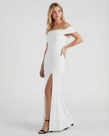 Étoile Maxi Dress by Slimona - Off shoulder white maxi dress with elegant side slit and smooth crepe fabric.