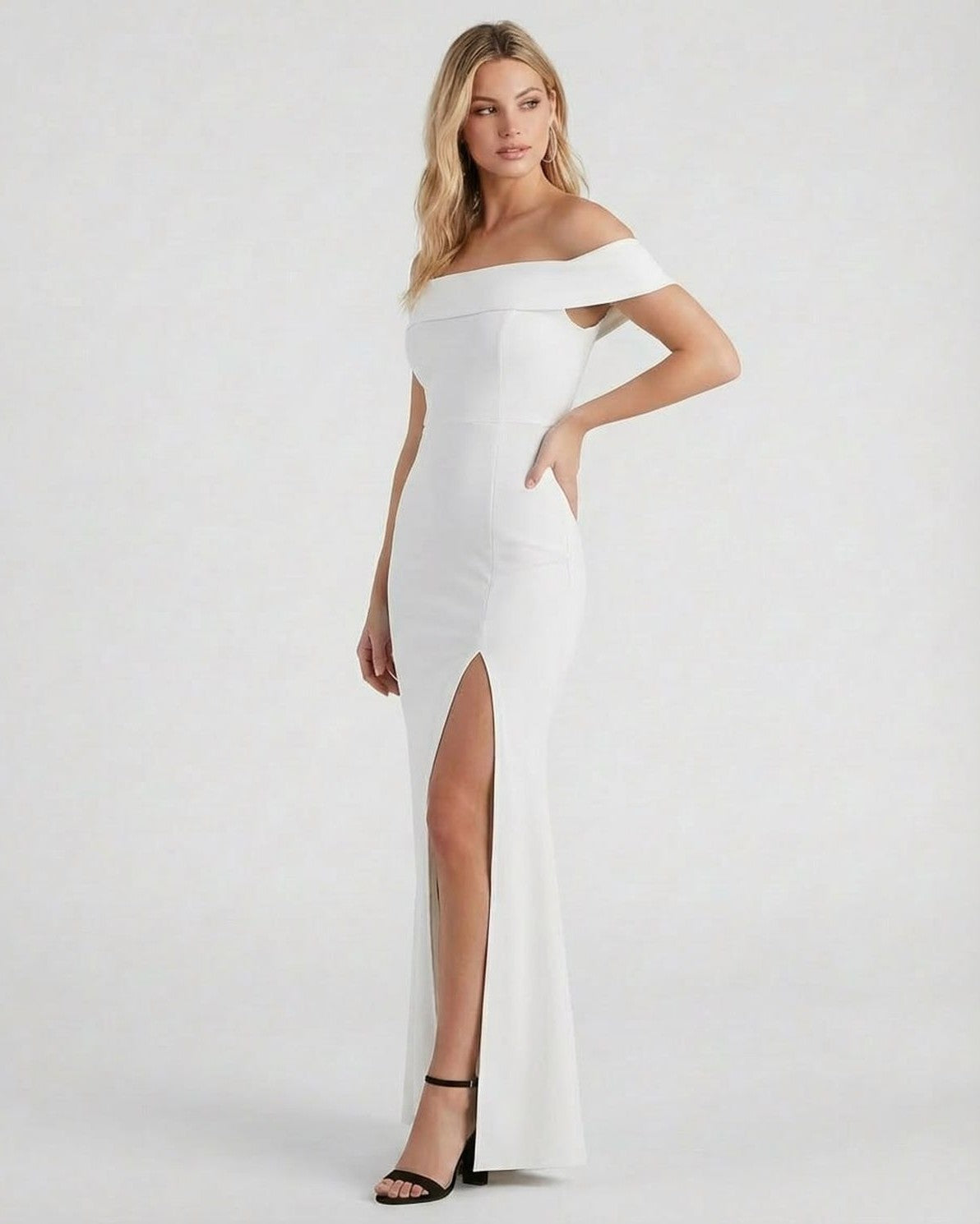 Étoile Maxi Dress by Slimona, elegant off shoulder crepe maxi dress with side slit, perfect for formal occasions.