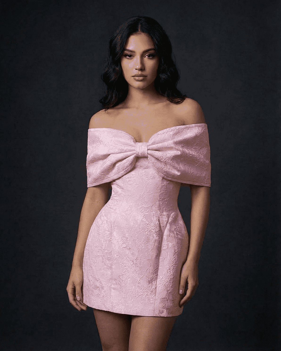 Fiora Mini Dress by Slimona in soft pink, featuring a bowknot off-the-shoulder design and elegant A-line silhouette.