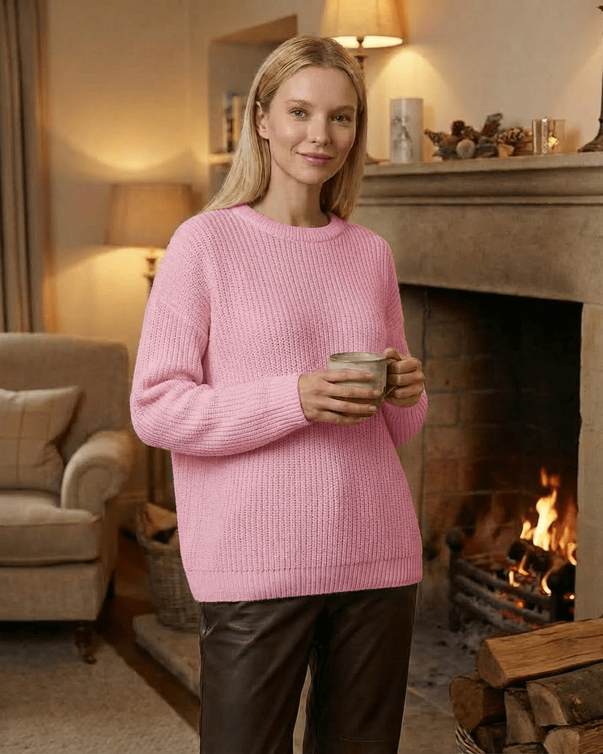 Fiora Sweater in pink, loose fit thick ribbed knitwear by Slimona, styled with cozy ambiance.