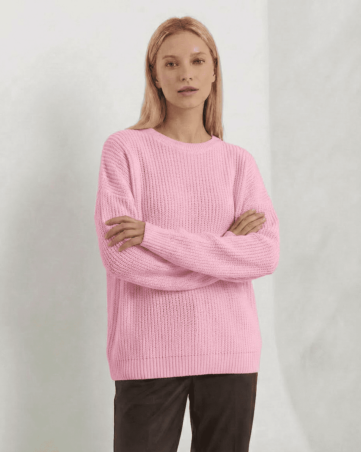Fiora Sweater by Slimona - Loose Fit Thick Ribbed Knitwear in Pink, perfect for fall and winter styling.