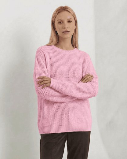 Fiora Sweater by Slimona - Loose Fit Thick Ribbed Knitwear in Pink, perfect for fall and winter styling.