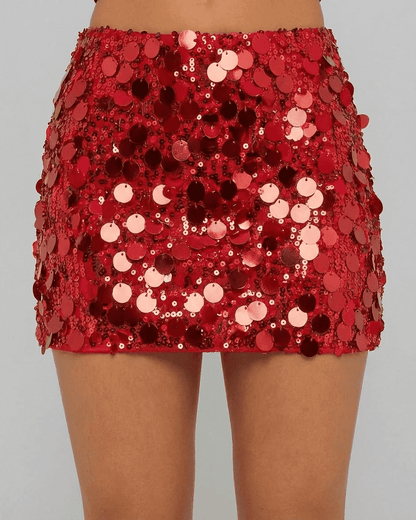 Flamenco Mini Skirt by Slimona - Red Sequin A-Line Bodycon Mini Skirt with eye-catching shine and sculpting fit.