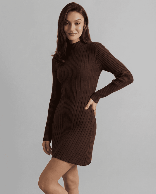 Florence Mini Dress by Slimona in ribbed knit with mock neck and long sleeves, showcasing modern A-line silhouette.