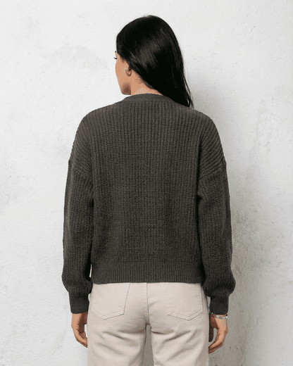 Graphite Cardigan by Slimona - Back view of relaxed fit knitwear in charcoal for cozy layering.