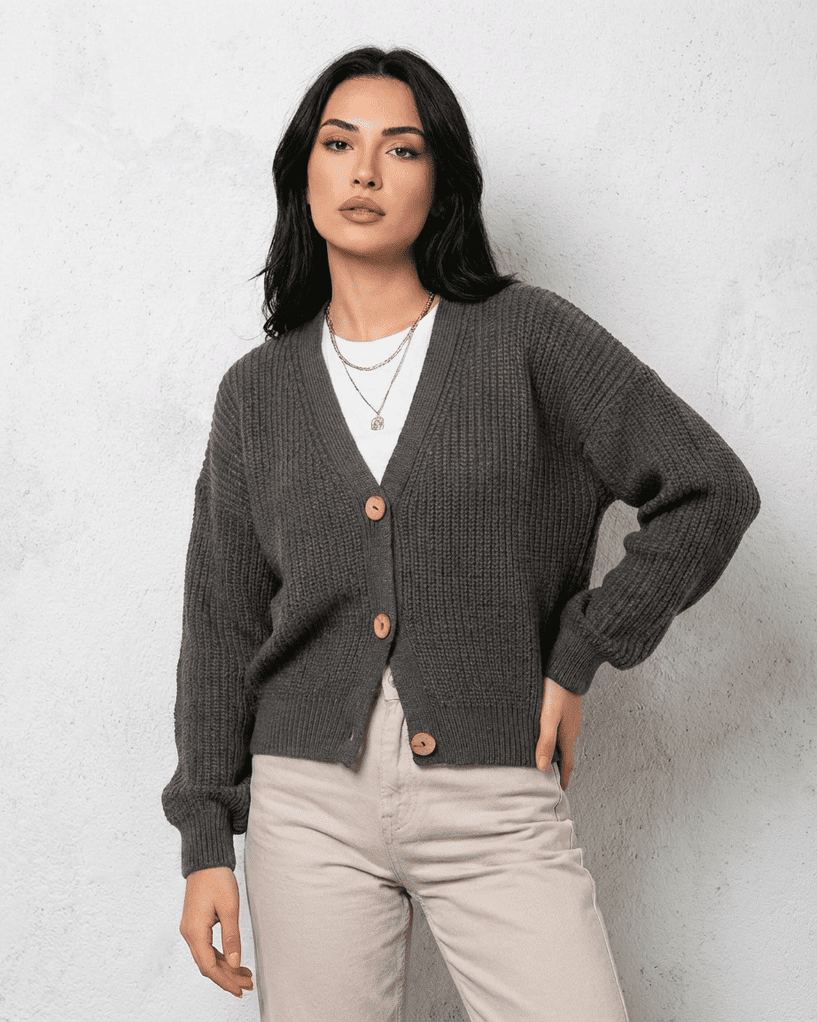 Graphite Cardigan by Slimona, elegant charcoal knitwear with relaxed V-neck fit and cozy comfort.