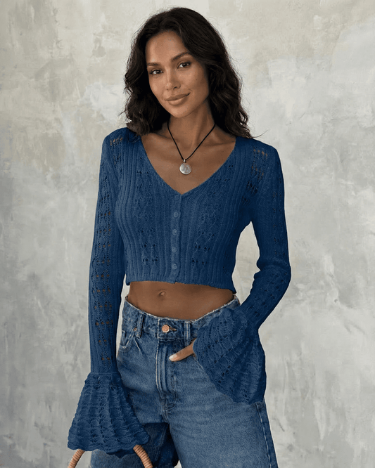 Indigo Cardigan by Slimona, cropped cotton knit with flare sleeves and hollow-out detailing.