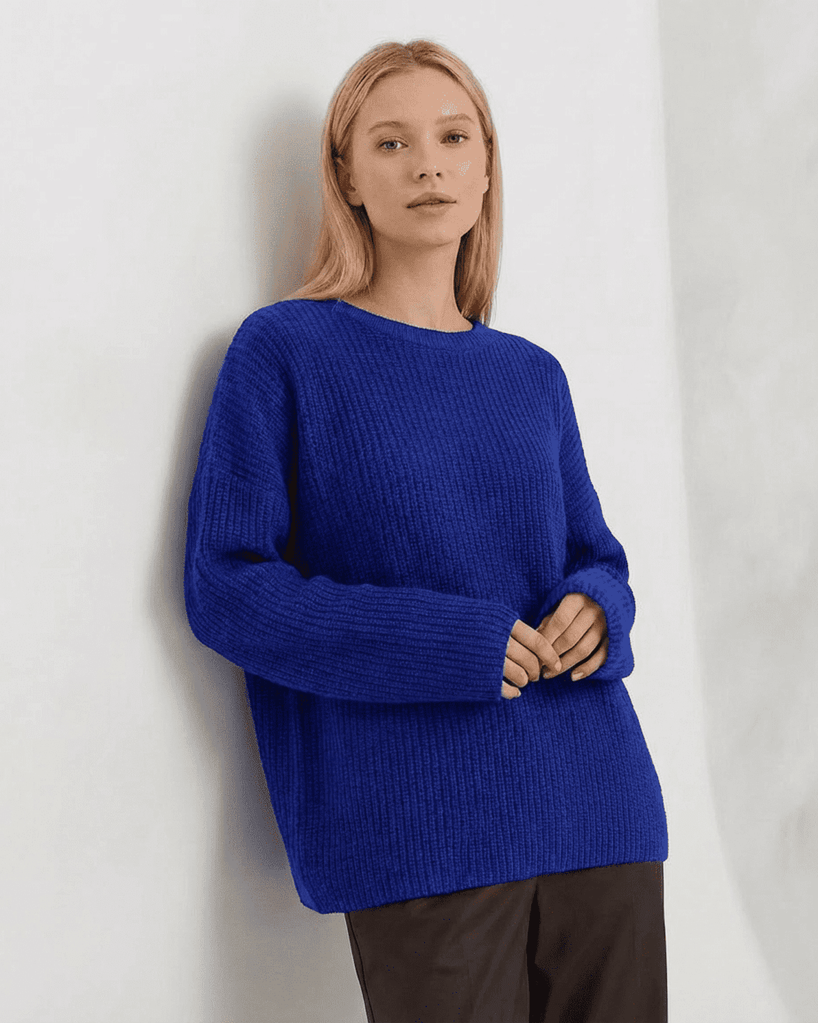Indira Sweater by Slimona, loose fit thick ribbed knitwear in vibrant blue, perfect for stylish comfort during cooler months.