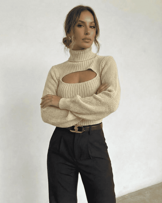 Ivory Sweater by Slimona, mock neck with cut out, ribbed knit texture, perfect for fall and winter fashion.