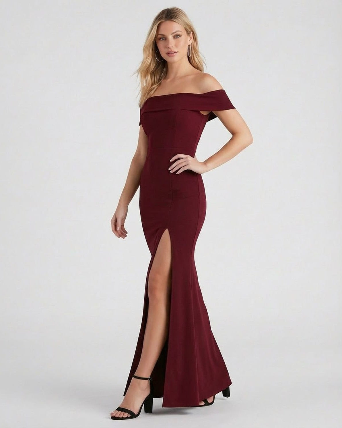 Kate Maxi Dress by Slimona – Elegant off-the-shoulder burgundy crepe knit dress with a thigh-high slit.
