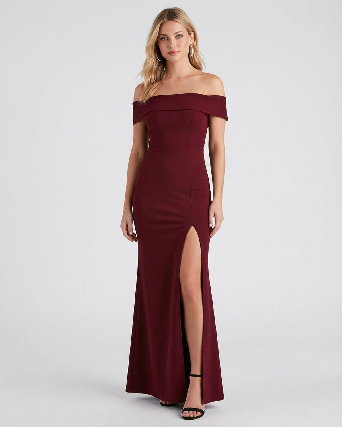 Slimona Kate Maxi Dress in burgundy, off-the-shoulder style, featuring a thigh-high slit and elegant silhouette.