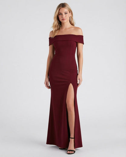 Slimona Kate Maxi Dress in burgundy, off-the-shoulder style, featuring a thigh-high slit and elegant silhouette.