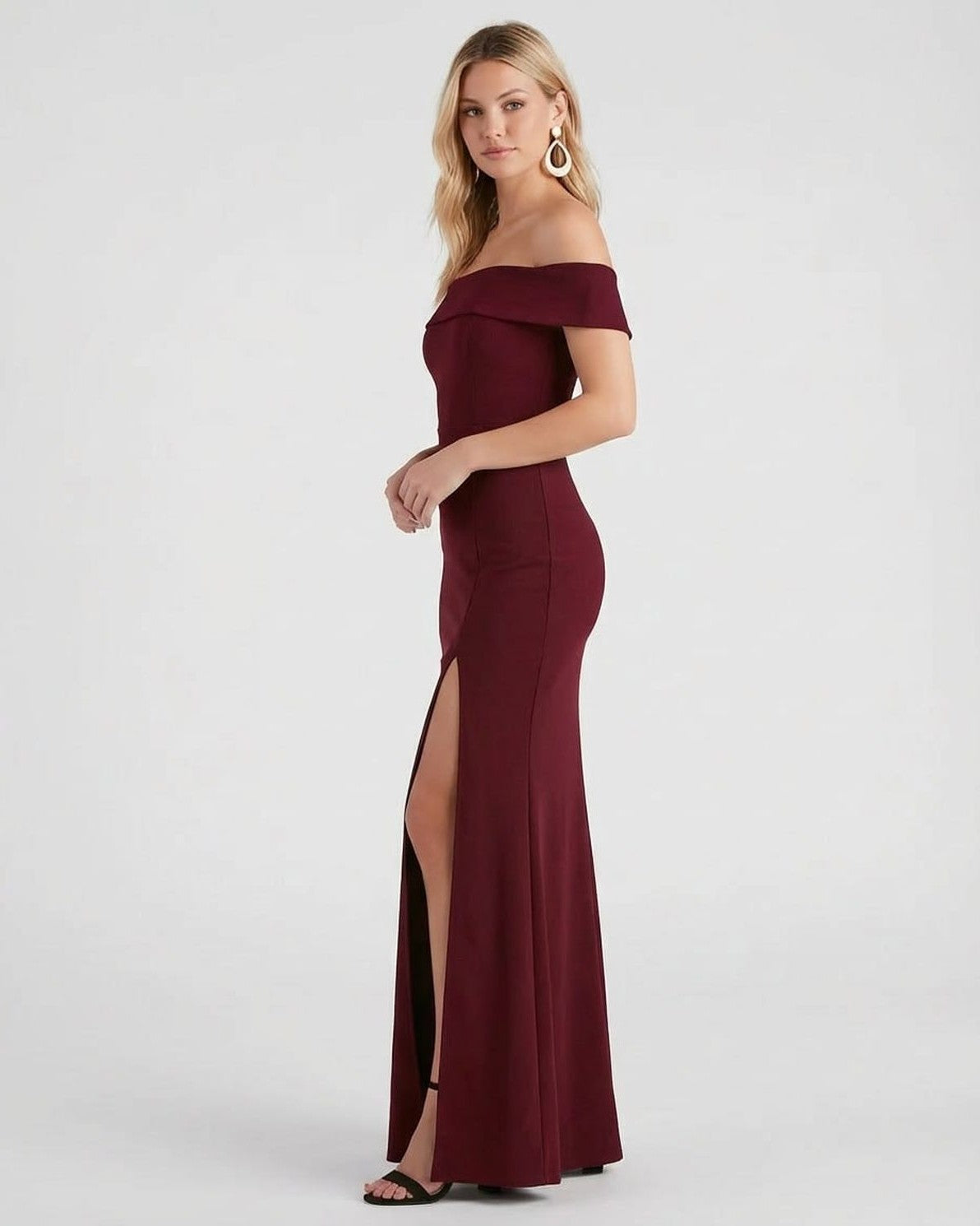 Kate Maxi Dress by Slimona, elegant off-the-shoulder crepe knit dress with leg slit in burgundy.