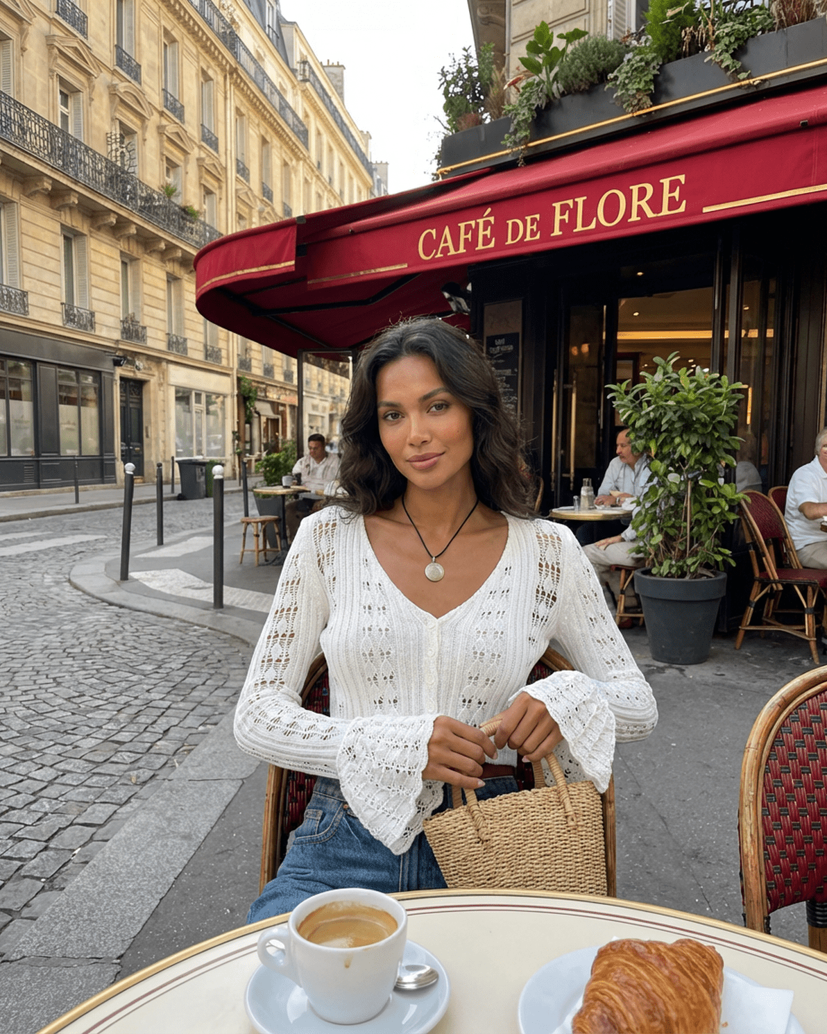 Laceflare Cardigan worn by a model at Café de Flore, featuring elegant lace details and flare sleeves.