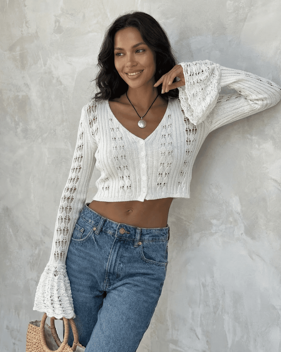 Slimona Laceflare Cardigan - Elegant white cotton knitwear with flare sleeves and V-neckline