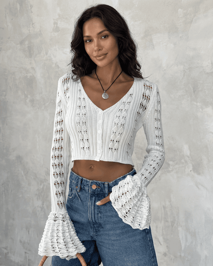 Laceflare Cardigan by Slimona, elegant white cotton knitwear with flare sleeves and V-neckline.