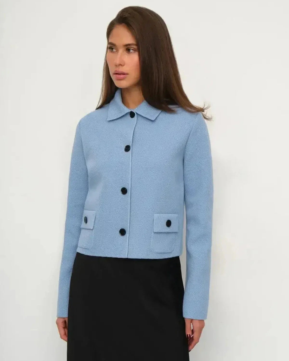 Lazio Jacket by Slimona, cropped light blue women's jacket with button closure, perfect for transitional seasons.