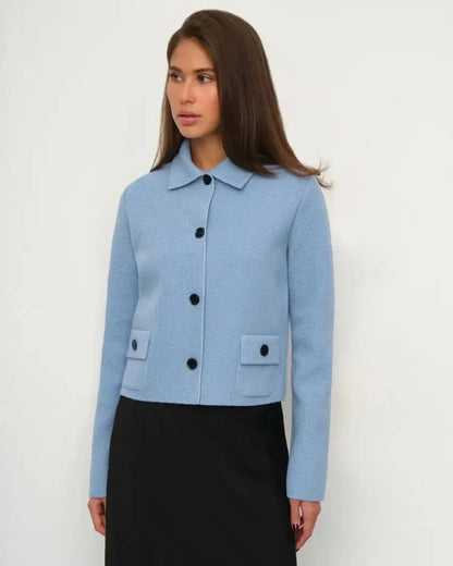 Lazio Jacket by Slimona, cropped light blue women's jacket with button closure, perfect for transitional seasons.