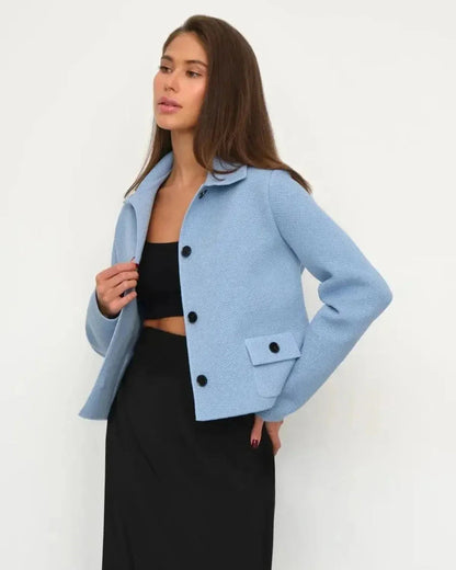Lazio Jacket by Slimona - Cropped light blue women's jacket with button closure for modern elegance.
