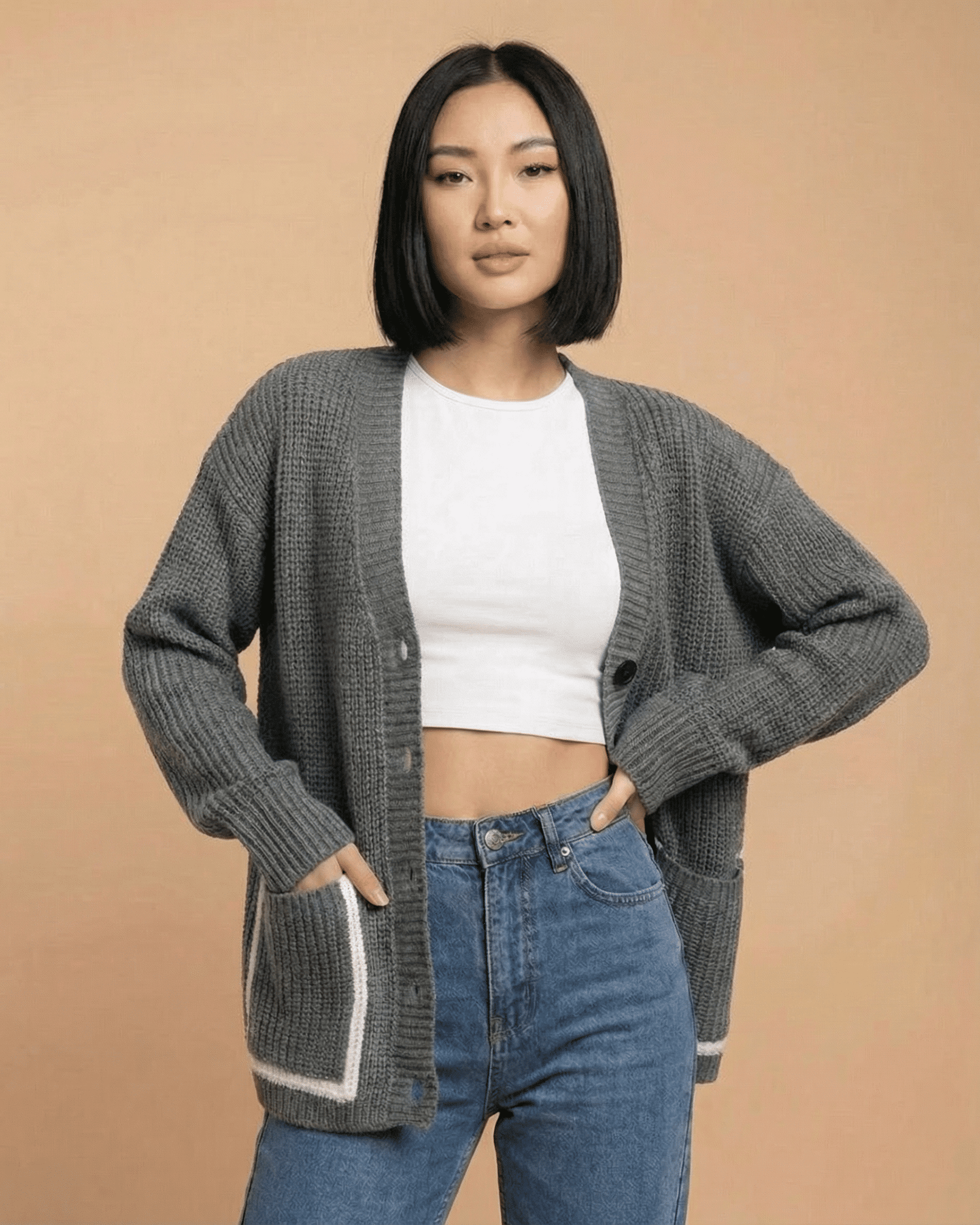 Linden Cardigan by Slimona, relaxed V-neck color block knit with pockets, stylish and comfortable women's sweater.