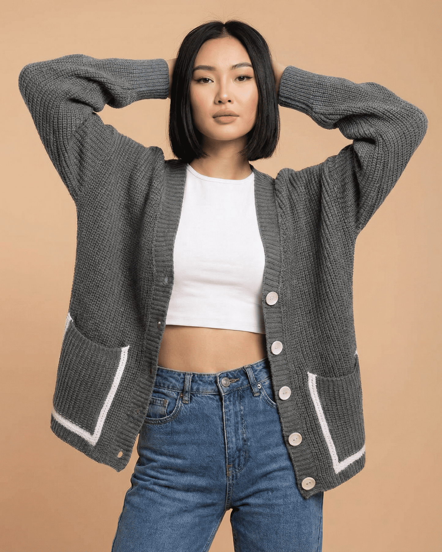 Linden Cardigan by Slimona in grey, featuring a relaxed fit and button-front design for effortless layering.