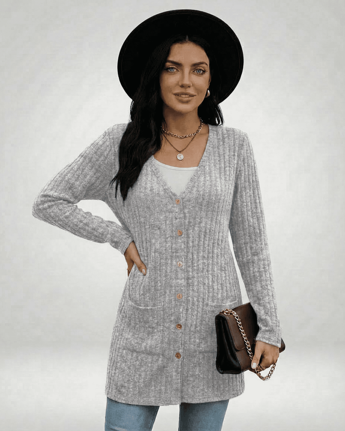 Luna Cardigan by Slimona, featuring a longline silhouette, ribbed knit texture, and button-front design in gray.