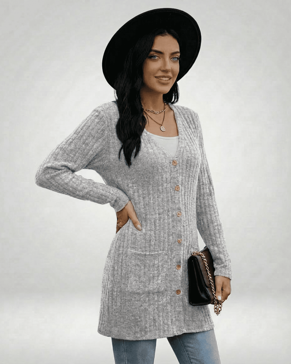 Luna Cardigan by Slimona, longline button-front knitwear in grey, featuring ribbed texture and V-neckline.