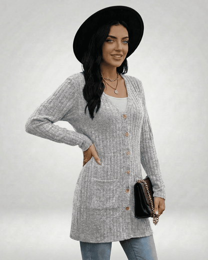 Luna Cardigan by Slimona, longline button-front knitwear in grey, featuring ribbed texture and V-neckline.