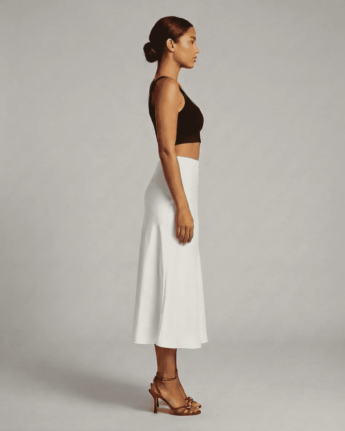 Luna Midi Skirt by Slimona, elegant satin mermaid midi skirt in white, showcasing a refined silhouette and soft flow.