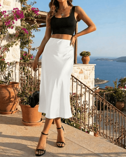 Luna Midi Skirt by Slimona, elegant satin mermaid skirt in timeless white, perfect for modern sophistication.