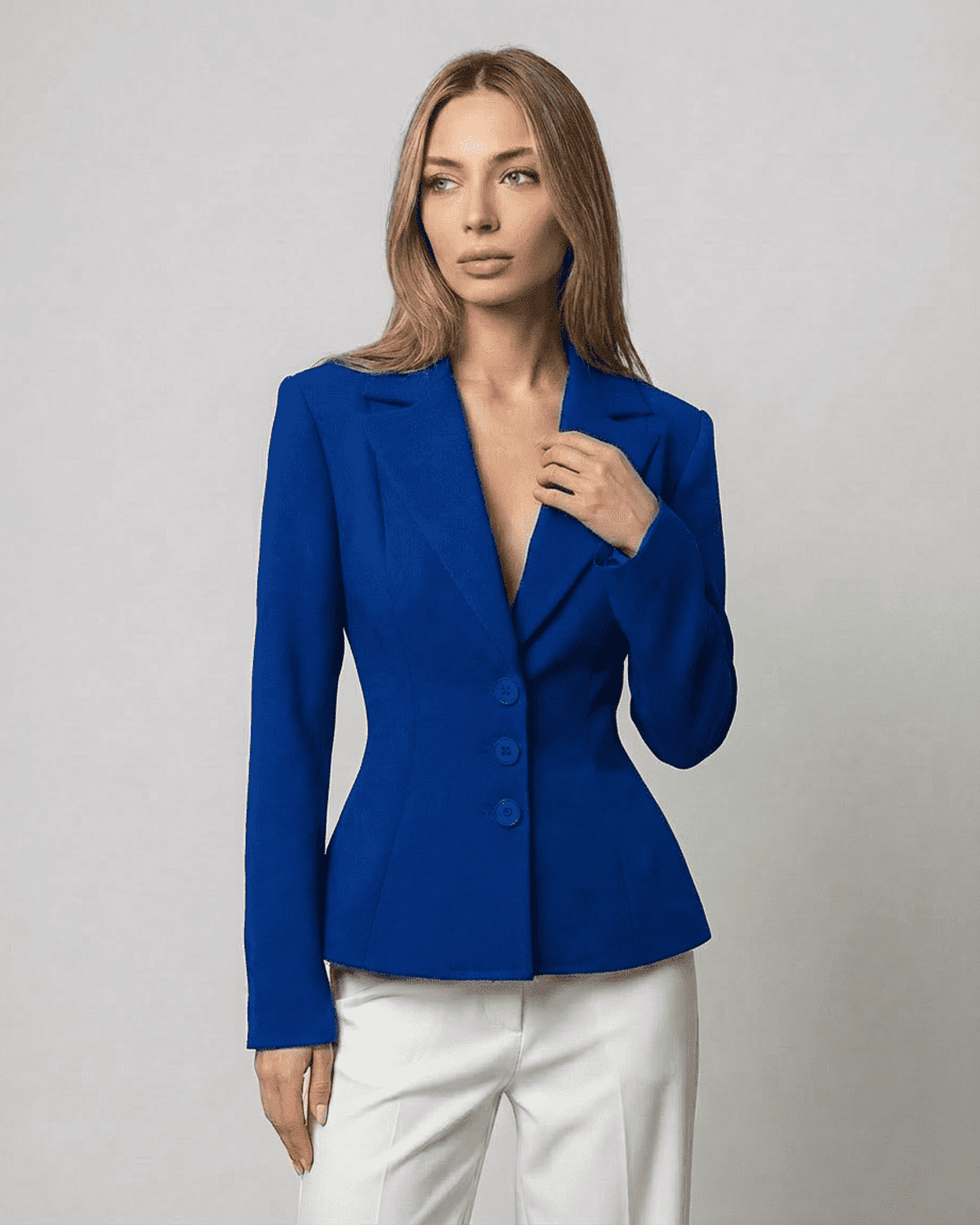 Marina Blazer by Slimona, a fitted blue blazer with a V-neck and tailored silhouette for elegant workwear.