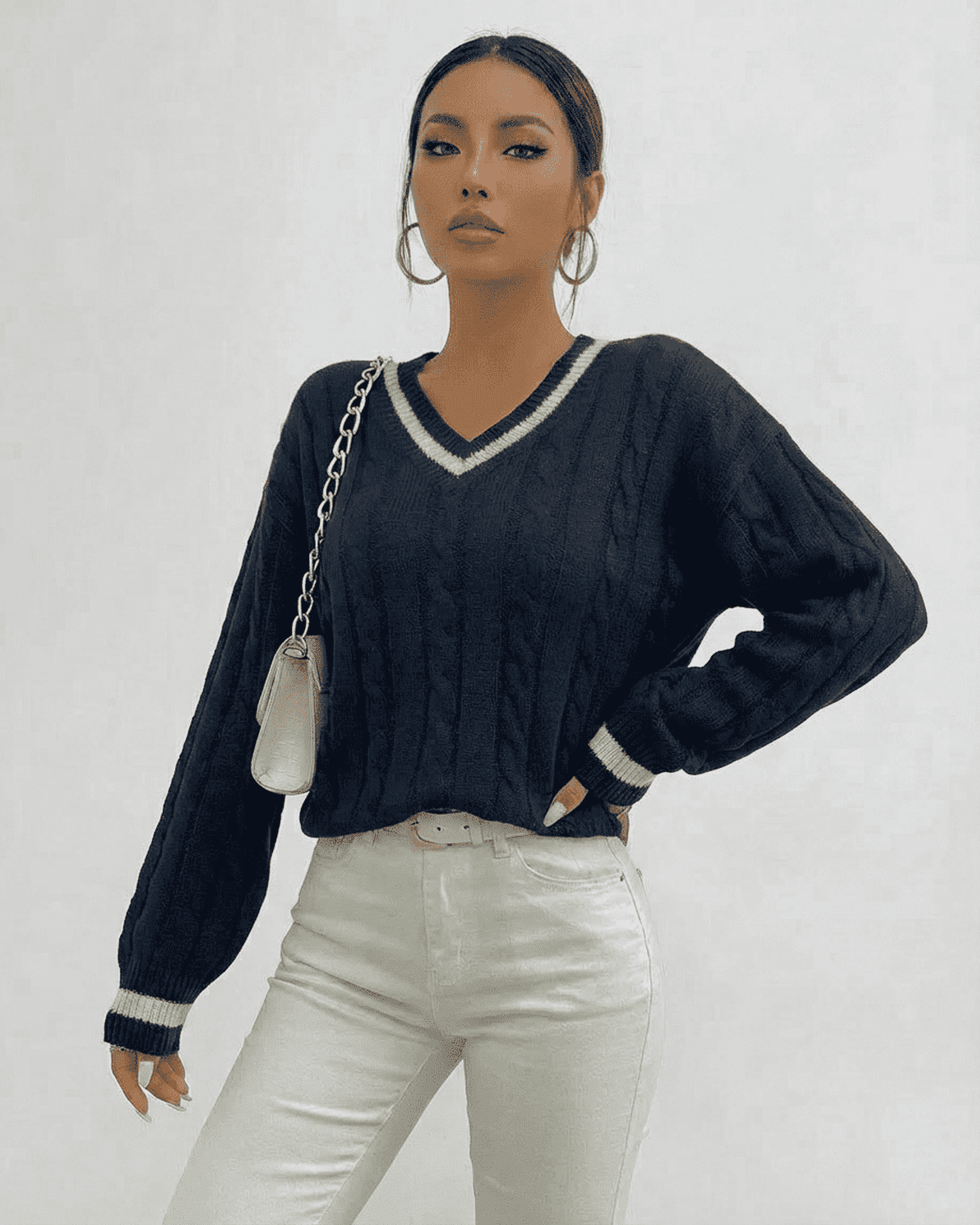 Marina Sweater by Slimona - Cable Knit V-Neck Pullover in black, showcasing elevated style and comfort.