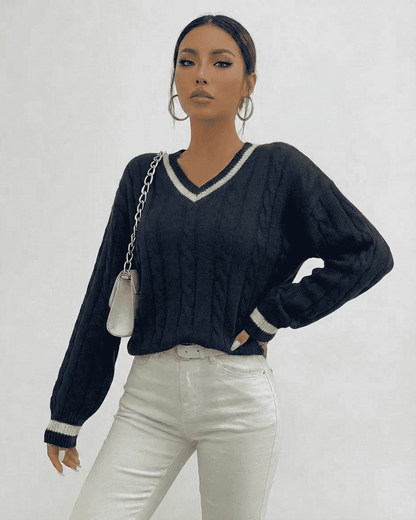 Marina Sweater by Slimona - Cable Knit V-Neck Pullover in black, showcasing elevated style and comfort.