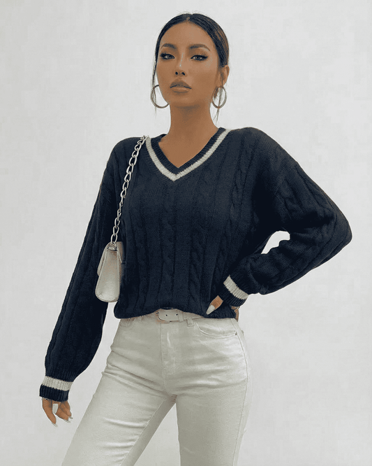 Marina Sweater by Slimona - Cable Knit V-Neck Pullover in black, showcasing elevated style and comfort.