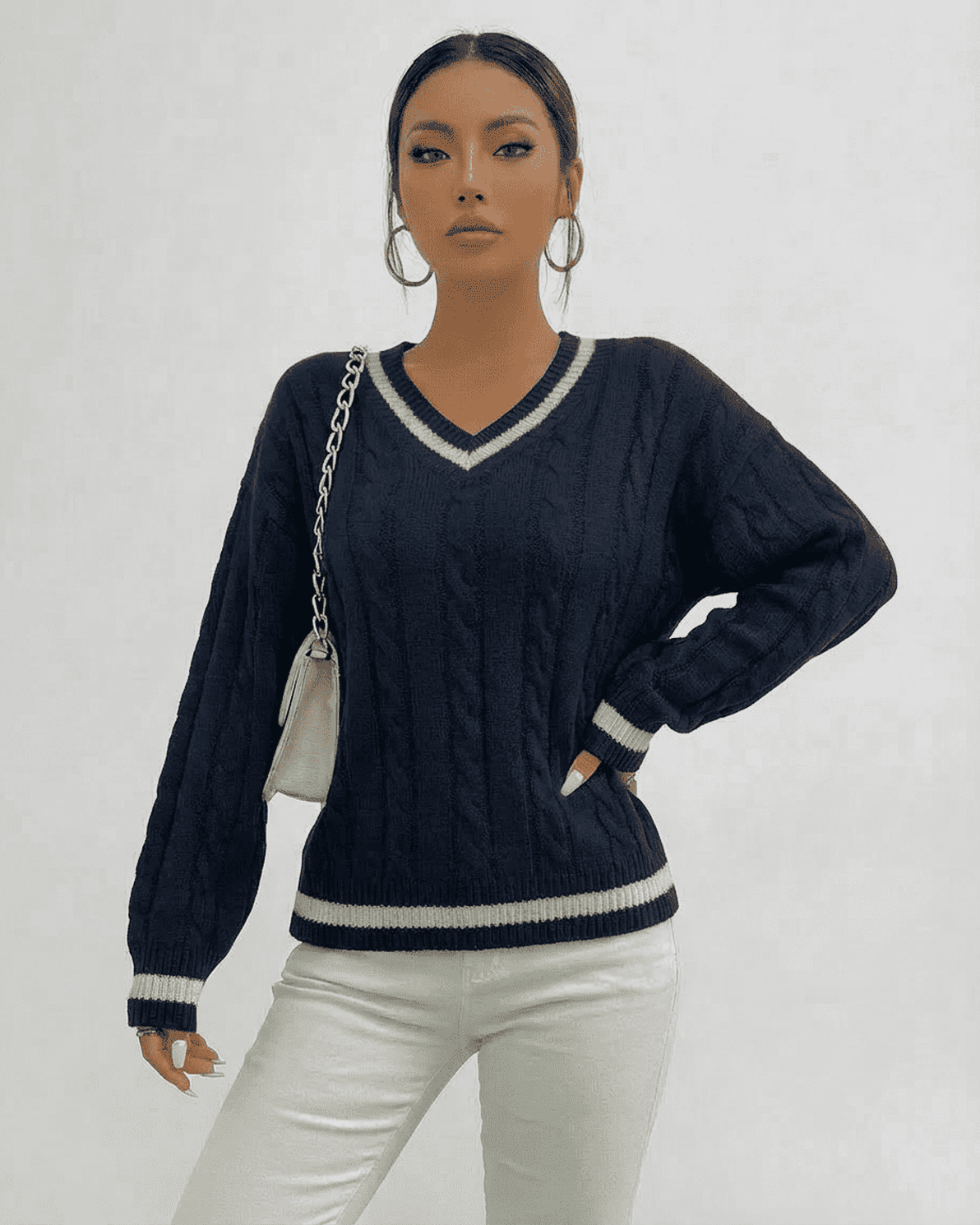 Marina Sweater by Slimona - Cable Knit V-Neck Pullover in navy, perfect for everyday style.