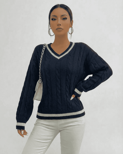 Marina Sweater by Slimona - Cable Knit V-Neck Pullover in navy, perfect for everyday style.
